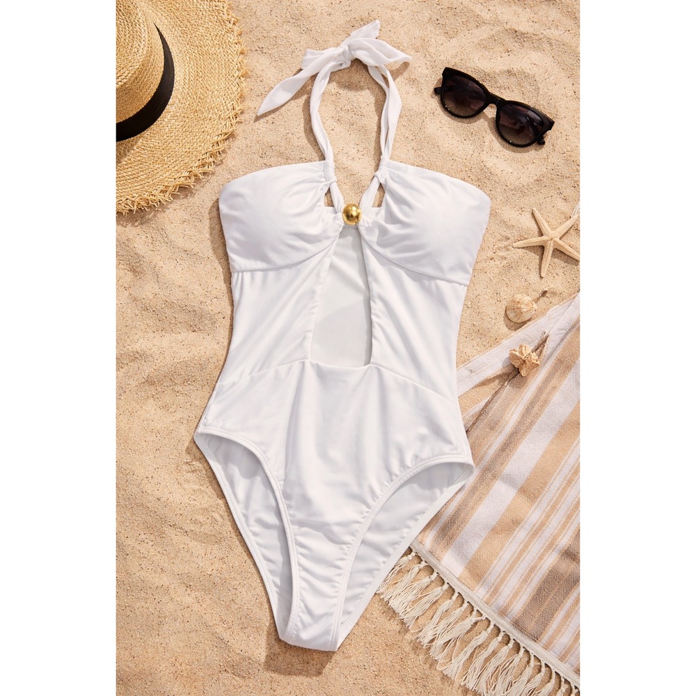 ViX Paula Hermanny Size M White One Piece Swimsuit Cutout Halter Luxe Resort